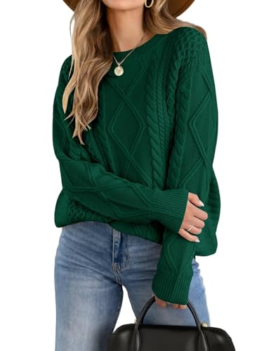 Zeagoo Pullover Damen Elegant Strickpullover Rundhals Herbst Winter Langarm Pullover Zopfmuster Sweater Pulli Grün L von Zeagoo