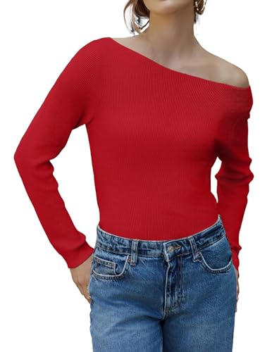 Zeagoo Pullover Damen Elegant Slim Fit Pulli Langarm Warm Strickpullover Basic Klassisch Sweater Rot XXL von Zeagoo