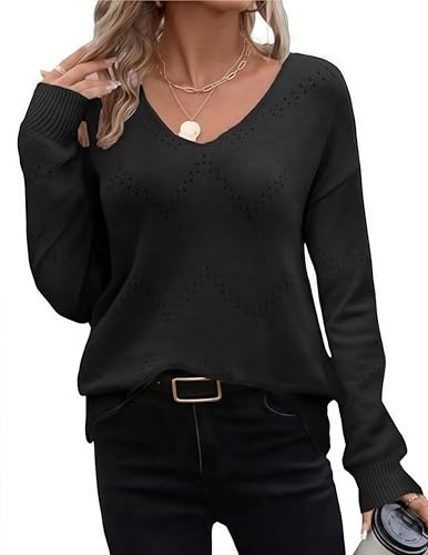 Zeagoo Pullover Damen Elegante Strickpullover Langarm V-Ausschnitt Häkelpullover Fashion Jumper Stricken Oberteile Herbst Winter Sweater Pulli Schwarz XL von Zeagoo