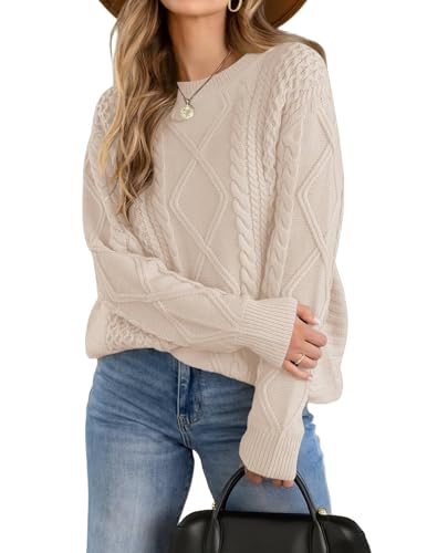 Zeagoo Pullover Damen Herbst Casual Langarm Rundhals Strickpullover Elegant Winter Grobstrickpullover Beige S von Zeagoo