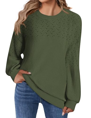 Zeagoo Pullover Damen Herbst Rundhalsausschnitt Dünner Pulli Elegant Häkelstrick Einfarbig Knit Sweater Warm Langarmshirt Armeegrün M von Zeagoo