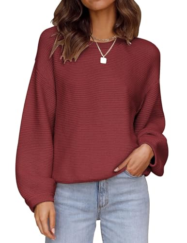 Zeagoo Pullover Damen Herbst Strickpullover Winter Rundhals Pulli Herbst Fledermaus Sweater Elegant Oberteile Weinrot L von Zeagoo