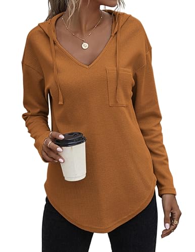 Zeagoo Kapuzenpullover Damen Hoodie Langarm Waffel Sweatshirt V-Ausschnitt Herbst Winter Pulli Leichter Pullover Hellbraun L von Zeagoo