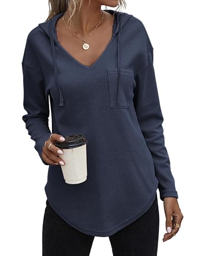 Zeagoo Kapuzenpullover Damen Hoodie Oversize Langarm Waffel Sweatshirt V-Ausschnitt Casual Oberteil Navy Blau L von Zeagoo