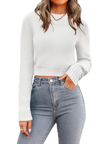 Zeagoo Pullover Damen Kurzer Strickpullover Rundhals Langarm Strickpulli Herbst Winter Casual Pulli Einfarbig Gestrickt Obertiele Weiß XS von Zeagoo