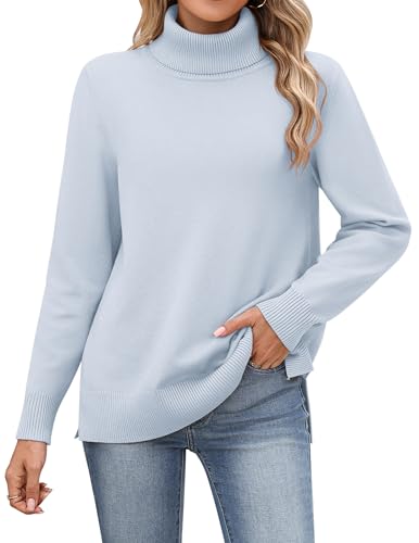 Zeagoo Pullover Damen Langarm Rollkragenshirt Cable Knit Elegant Tops Lose Gestrickt Casual Weich Jumper Sweater Hellblau S von Zeagoo