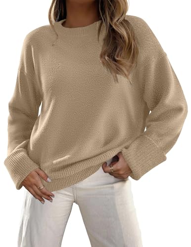 Zeagoo Pullover Damen Oversized Langarm Oberteile Gestrickt Strickpulli Locker Elegant Rundhals Herbst Pulli Warm Winterpullover Casual Einfarbig Tops Hellbraun M von Zeagoo