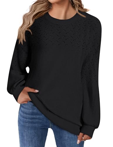 Zeagoo Pullover Damen Ribbed Knit Pulli Langarm Rundhals Strickpullover Elegant Häkelpullover Einfarbig Herbst Winter Sweater Tops Schwarz M von Zeagoo