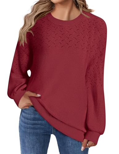 Zeagoo Pullover Damen Ribbed Knit Pulli Langarm Rundhals Strickpullover Elegant Häkelpullover Einfarbig Herbst Winter Sweater Tops Weinrot XXL von Zeagoo