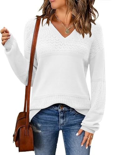 Zeagoo Pullover Damen V Ausschnitt Strick Pulli Herbst Winter Langarm Einfarbig Sweater Elegant Warm Sweatshirt Loose Top Weiß L von Zeagoo