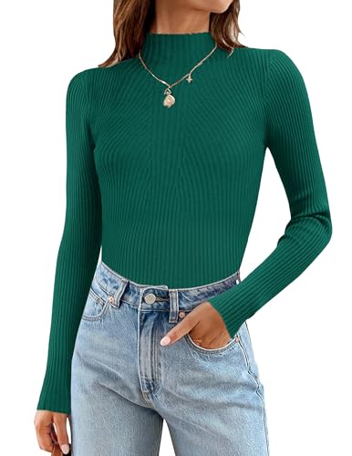 Zeagoo Pullover Damen Rollkragen Ribbed Knit Elegant Sweater Herbst Winter Weich Slim fit Jumper Sweater Feinstrick Pulli Dunkelgrün XXL von Zeagoo
