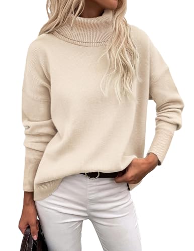 Zeagoo Pullover Damen Rollkragen Strickpullover Elegant Langarm Pulli Casual Turtleneck Gestrickt Rollkragenshirt Einfarbig Basic Warm Obertiele Herbst Winter Beige S von Zeagoo