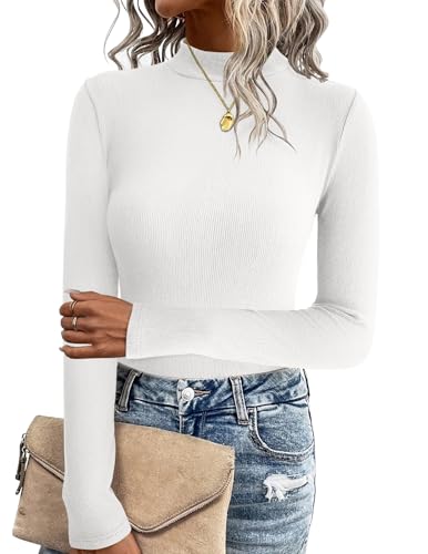 Zeagoo Pullover Damen Rollkragenpullover Casual Langarmshirt Lässig Einfarbige Tops Stehkragen Stretch Shirt Elegant Basic Oberteile Weiß XS von Zeagoo