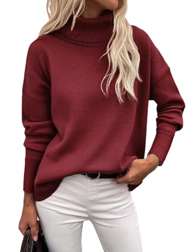 Zeagoo Pullover Damen Rollkragenpullover Elegant Langarm Pulli Rollkragenshirt Einfarbig Turtleneck Basic Casual Gestrickt Strickpullover Feinstrick Obertiele Herbst Winter Rot XXL von Zeagoo