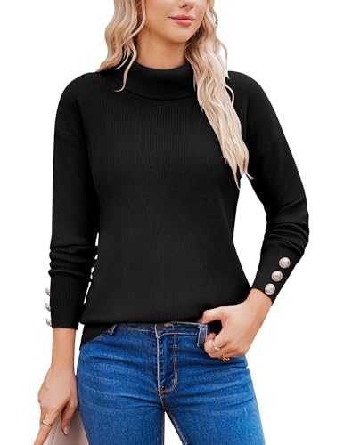 Zeagoo Pullover Damen Rollkragenpullover Langarm Warm Strickpullover Elegant Rollkragen Pulli mit Knopfmanschetten Schwarz XXL von Zeagoo