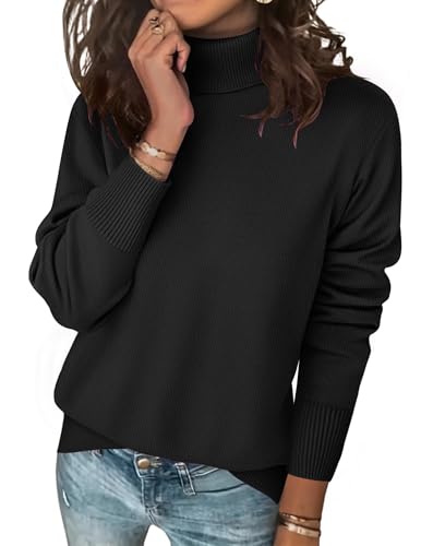 Zeagoo Pullover Damen Rollkragenshirt Cable Knit Elegant Langarm Tops Lose Gestrickt Casual Weich Jumper Sweater Schwarz M von Zeagoo