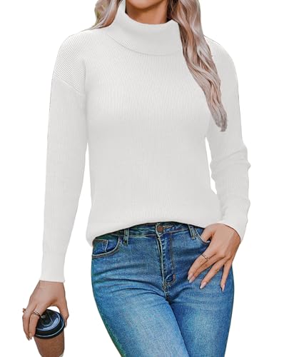 Zeagoo Pullover Damen Rollkragenshirt Elegant Tops Turtelneck Strickpullover Langarm Knit Feinstrick Casual Jumper Sweater Weiß S von Zeagoo