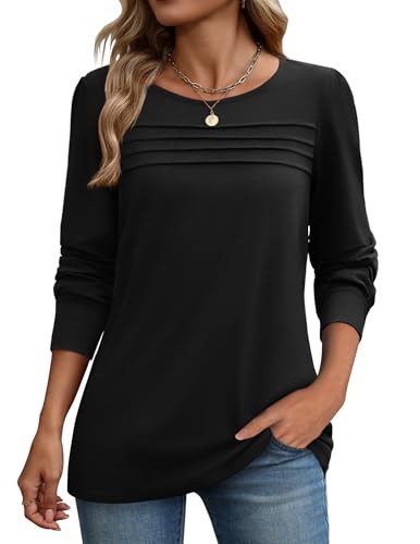 Zeagoo Pullover Damen Rundhals Langarmshirt Mit Falten Puffärmel Top Plissierte Casual Tuniken Elegant Schwarz M von Zeagoo