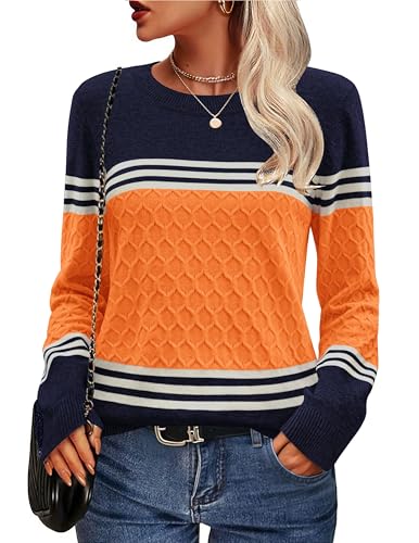 Zeagoo Pullover Damen Rundhals Pulli Langarm Oberteile Strickpullover Herbst Colorblock Strickpulli Elegant Tops Winter Sweater Orange L von Zeagoo