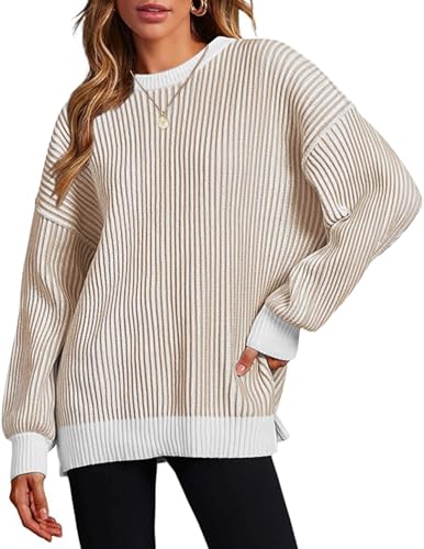 Zeagoo Pullover Damen Rundhals Strickpullover Chunky Casual Loose Langarm Stricken Oberteil Warm Winter Strickpulli Winterpullover Herbst Pulli Oberteile KamelWeiß M von Zeagoo