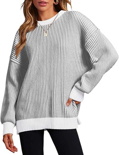 Zeagoo Pullover Damen Rundhals Strickpullover Chunky Casual Loose Langarm Stricken Oberteil Warm Winter Strickpulli Winterpullover Herbst Pulli Oberteile SchwarzWeiß XL von Zeagoo