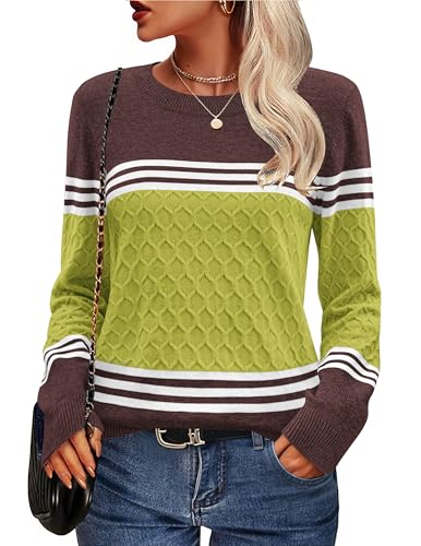 Zeagoo Pullover Damen Rundhals Strickpullover Herbstpulli Colorblock Warm Langarm Tops Sweater Bequem Hellgrün XXL von Zeagoo