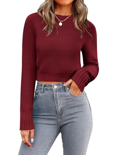 Zeagoo Pullover Damen Rundhalsausschnitt Kurzer Pullover Elegant Strickpullover Herbst Winter Gestrickt Obertiele Rot M von Zeagoo