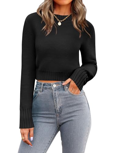 Zeagoo Pullover Damen Rundhalsausschnitt Kurzer Pullover Elegant Strickpullover Herbst Winter Gestrickt Obertiele Schwarz M von Zeagoo