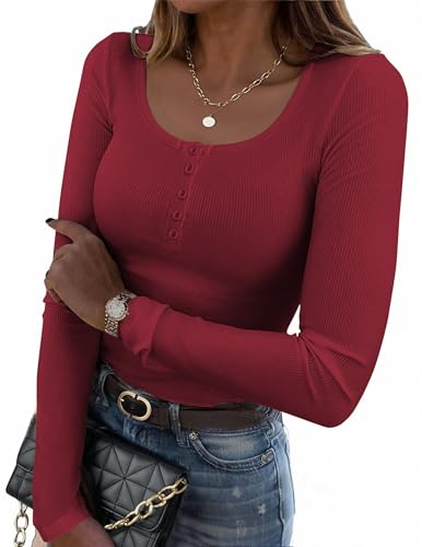 Zeagoo Pullover Damen Slim Fit Langarmshirt Henley Shirt Langarm Oberteile Frau Pullover T-Shirts Tops Herbst Winter Weinrot S von Zeagoo