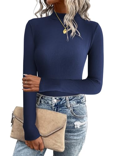 Zeagoo Pullover Damen Slim Fit Oberteile Basic Langarmshirt Casual Stretch Rollkragenshirt Gerippt Strickpullover Navy Blau XXL von Zeagoo