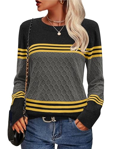 Zeagoo Pullover Damen Strickpullover Elegant Colorblock Rundhals Strickpulli Langarm Pulli Einfarbig Tops Herbst Winter Sweater Dunkelgrau L von Zeagoo