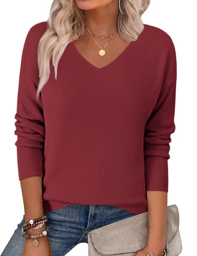 Zeagoo Pullover Damen Strickpullover Elegant Langarm V-Ausschnitt Sweatshirt Fledermausärmel Oberteile Herbst Winter 2025 Weinrot L von Zeagoo