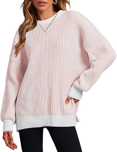 Zeagoo Pullover Damen Strickpullover Herbst Chunky Strickpulli Elegant Pulli Langarm Oberteile Tops Rundhals Winter Langarmshirt RosaWeiß L von Zeagoo