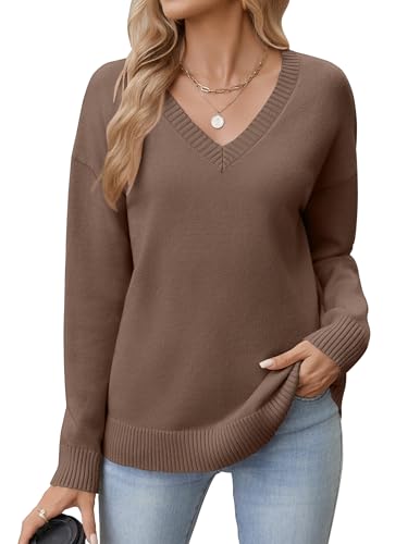 Zeagoo Pullover Damen Strickpullover V-Ausschnitt Winterpullover Elegant Gestrickt Sweater Langarm Pulli Basic Einfarbig Oberteile Braun M von Zeagoo