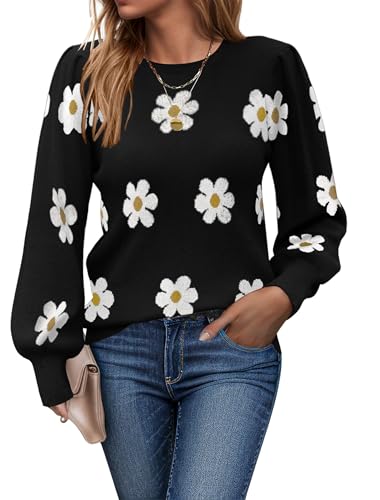 Zeagoo Pullover Damen Strickpullover Winter Elegant Rundhals Pulli Langarm mit Puffärmel Strickpulli Herbst Sweater Oberteile Tops Casual Gänseblümchen XXL von Zeagoo