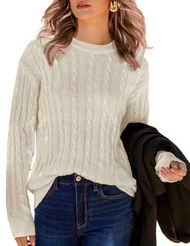 Zeagoo Pullover Damen Langarm Strickpullover Herbst Winter Elegant Pulli Casual Rundhals Strick Shirt Bluse Weiß M von Zeagoo