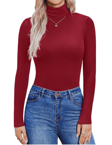 Zeagoo Damen Langarmshirt Rollkragenpullover Elegant Basic T-Shirt Slim Fit Unterhemd Gerippt Oberteile Stretch Rolli Pullover Einfarbig Tops Shirts Casual Rot XXL von Zeagoo
