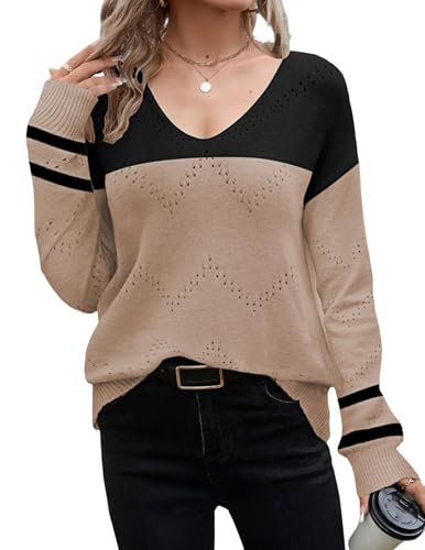 Zeagoo Pullover Damen V Ausschnitt Dünne Strickpullover Knit Sweater Herbst Winter Pulli Elegant Oberteile Schwarz-Aprikose XXL Zeagoo Pullover Damen V Ausschnitt Dünne Strickpullover Knit Sweater Herbst Winter Pulli Elegant Oberteile Schwarz-Aprikose XXL von Zeagoo