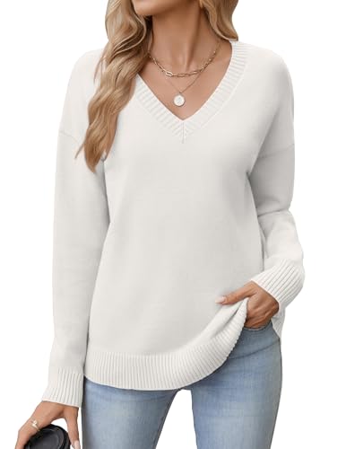Zeagoo Pullover Damen V-Ausschnitt Elegant Strickpullover Herbst Warmer Sweater Winter Langarm Pulli Basic Lässige Oberteile Weiß M von Zeagoo