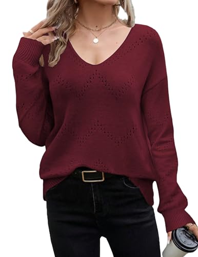 Zeagoo Pullover Damen V Ausschnitt Strickpullover Ribbed Knit Sweater Hollow Out Pulli Herbst Winter Langarm Rundhals Sweater Rot XL Zeagoo Pullover Damen V Ausschnitt Strickpullover Ribbed Knit Sweater Hollow Out Pulli Herbst Winter Langarm Rundhals Sweater Rot XL von Zeagoo
