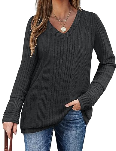 Zeagoo Pullover Damen Winter Casual Langarm Oversize Sweater V-Ausschnitt Lightweight Oberteile Dunkelgrau S von Zeagoo