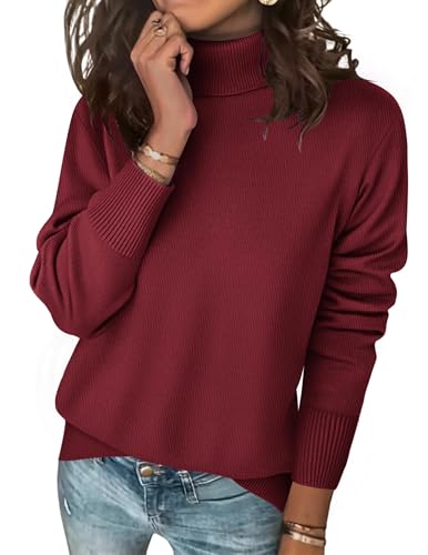 Zeagoo Pullover Damen Winter Rollkragenpullover Warm Oversized Strickpullover Rollkragen Stricken Pulli Gestricktpullover Casual Lose Langarm Oberteile Weinrot XXL von Zeagoo