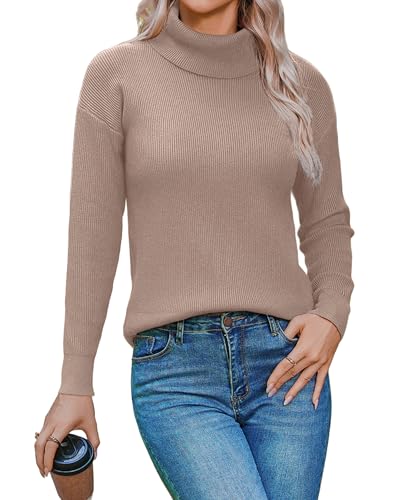 Zeagoo Pullover Damen Wollpullover High Neck Basic Fleecepullover Herbst Sweater Weihnachtspullover Gestrickt Damenpullover Winter Oberteil Strickpulli Tops Khaki L von Zeagoo