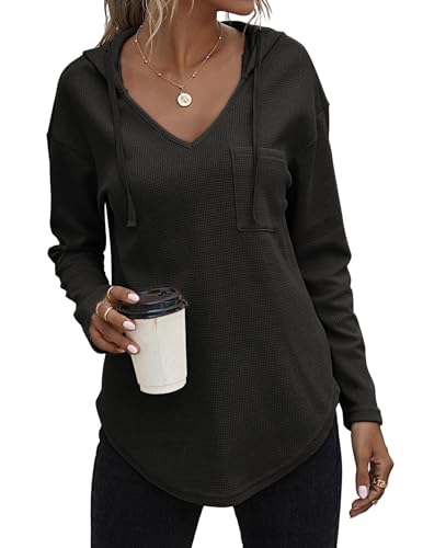 Zeagoo Kapuzenpullover Damen Langarm Hoodie Leichter Pullover Sweatshirt V-Ausschnitt Pulli Casual Oberteil Schwarz S von Zeagoo