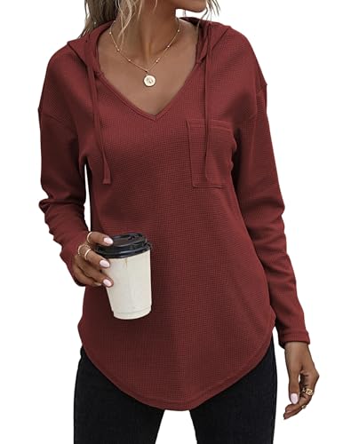 Zeagoo Kapuzenpullover für Damen Langarm Hoodie Leichter Pullover Sweatshirt V-Ausschnitt Pulli Kapuze Hoody Weinrot S von Zeagoo