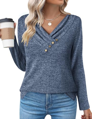 Zeagoo Oberteile Damen V-Ausschinitt Langarmshirt Langarm Tshirt Pullover Lässig Longshirt Basic Tops Tunika Elegant Sweatshirt Marine M von Zeagoo