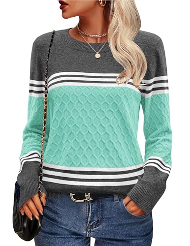 Zeagoo Pullover für Damen Runhals Strickpullover Colorblock Elegant Pulli Langarm Herbst Winter Rundhals Oberteile Tops Warm Hellblau M von Zeagoo