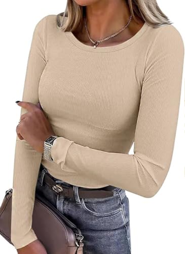 Zeagoo Pullover Damen Langarmshirt Herbst Strickpullover Winter Gerippt Rundhals Sweater Figurbetont Pulli Basic Oberteile Tunika Tops Aprikose L von Zeagoo