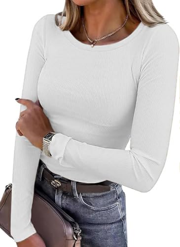Zeagoo Pullover Damen Langarmshirt Herbst Strickpullover Winter Gerippt Rundhals Sweater Figurbetont Pulli Basic Oberteile Tunika Tops Weiß XXL von Zeagoo