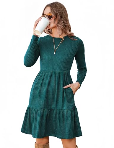Zeagoo Pulloverkleid Damen Frühling Herbst Elegant Rundhals Strickkleid Casual Knielang Herbstkleid Dünn Einfarbig A Linien Kleid mit Taschen Blaugrün M von Zeagoo